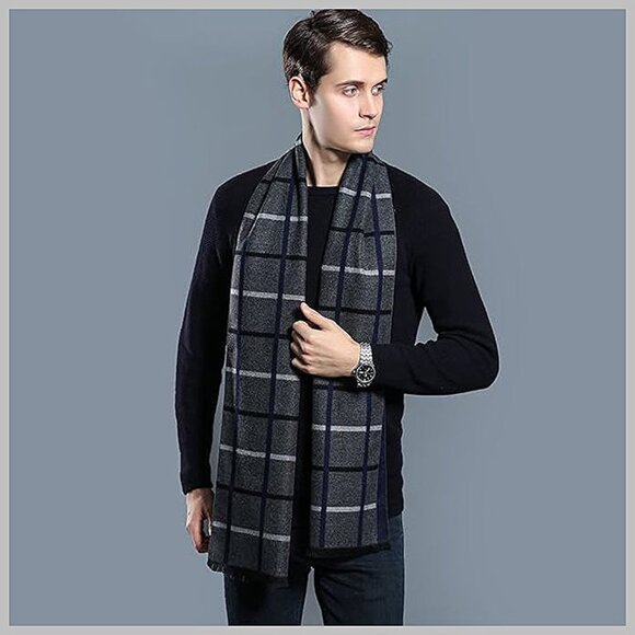 Mens Scarf Winter Fashion - grey/White Plaid - Picture 5 of 6